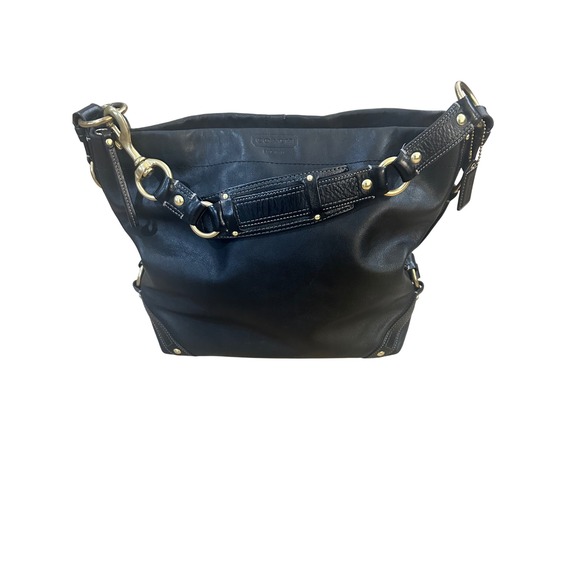 Coach Carly Large Black Leather Hobo Shoulder Bag Gold Hardware Turnlock Closure - Picture 2 of 13